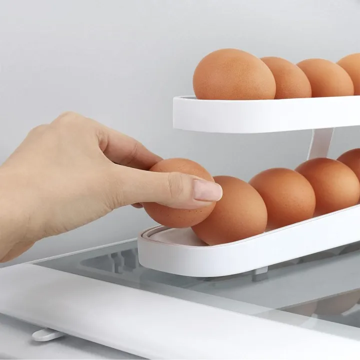 Egg Holder for Fridge, Egg Storage, Foldable, Egg Holder, Double Layer, Egg Dispenser, Automatic Roller, Space-Saving Egg Tray for Fridge (White)