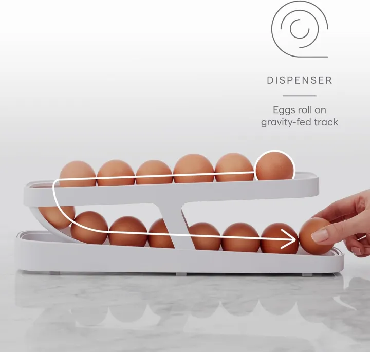 Egg Holder for Fridge, Egg Storage, Foldable, Egg Holder, Double Layer, Egg Dispenser, Automatic Roller, Space-Saving Egg Tray for Fridge (White)