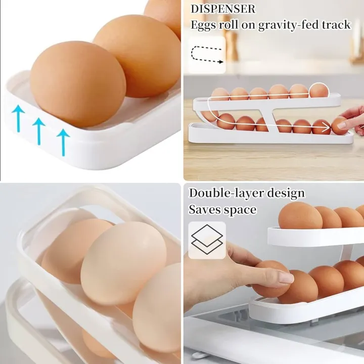 Egg Holder for Fridge, Egg Storage, Foldable, Egg Holder, Double Layer, Egg Dispenser, Automatic Roller, Space-Saving Egg Tray for Fridge (White)